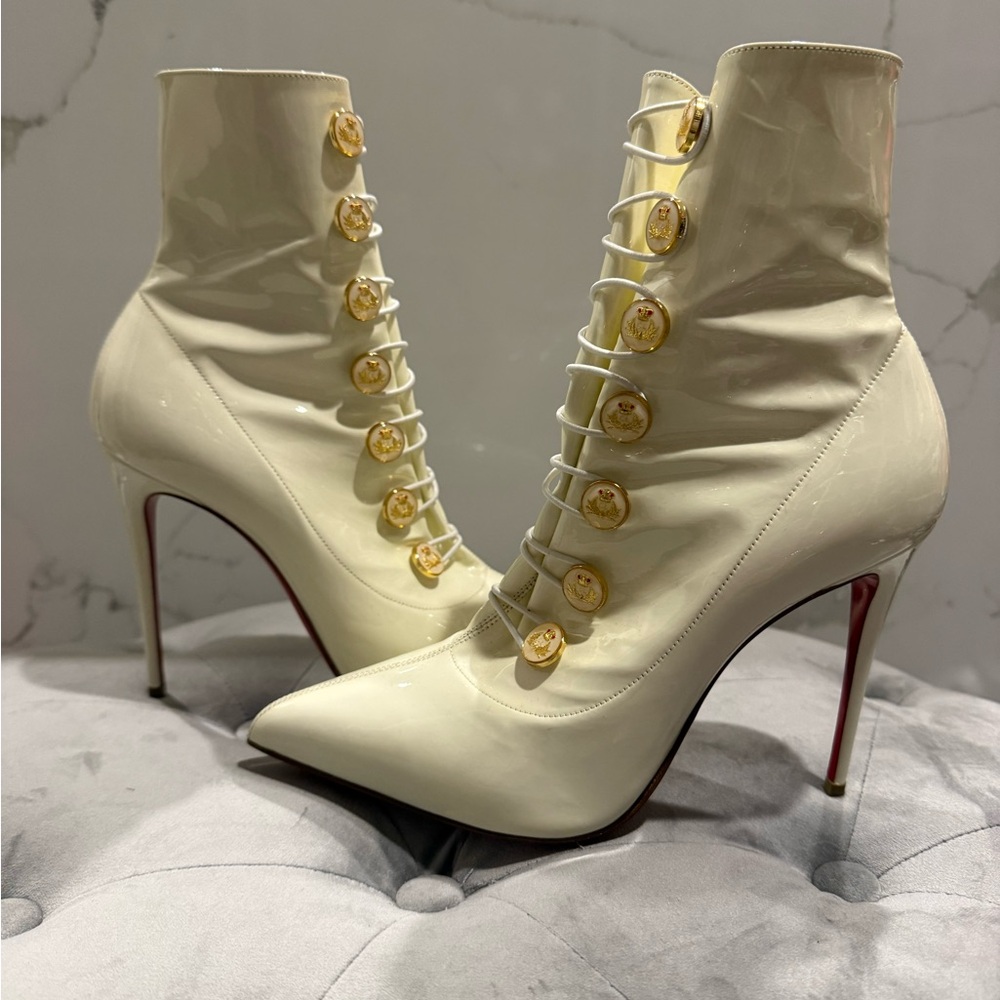 Christian Louboutin Cream Patent Lace-Up Stiletto Ankle Boots with Gold Buttons